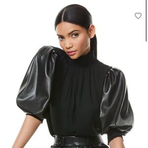 Alice + Olivia Carmina Vegan Leather Puff Sleeve Blouse